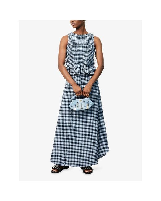 Ganni Blue Seersucker Tie-Side Check Woven Top
