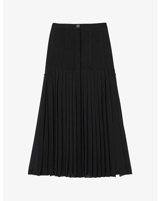 Sandro Black Grami High-rise Pleated Woven Midi Skirt