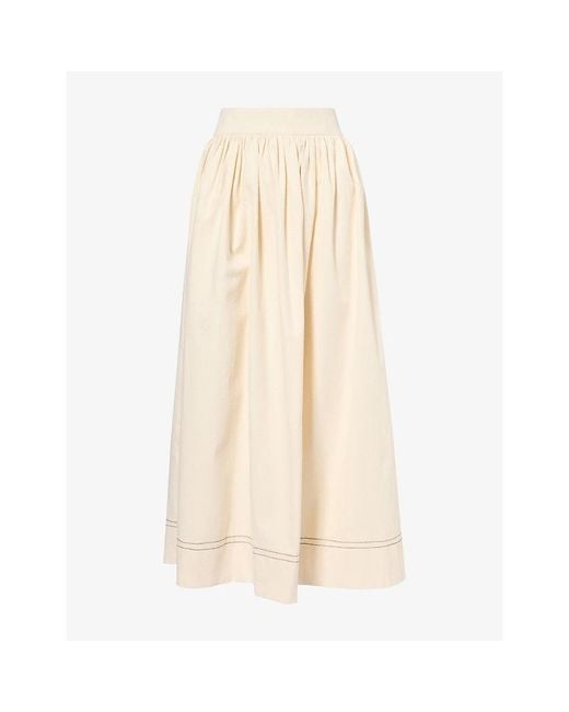Mona Alshebil Natural Contrast-Stitch Pleated Denim Maxi Skirt