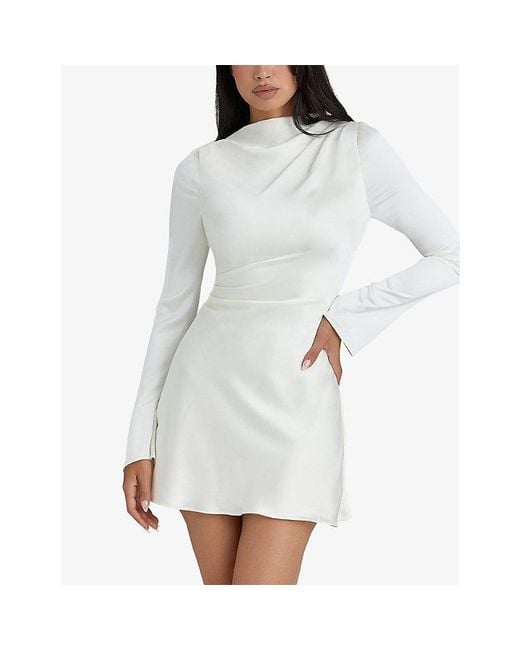 House Of Cb White Lulu Flute Long-Sleeve Satin Mini Dress