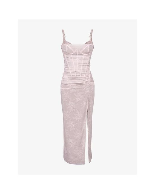 House Of Cb Pink Lini Corset-Bodice Stretch-Mesh Maxi Dress