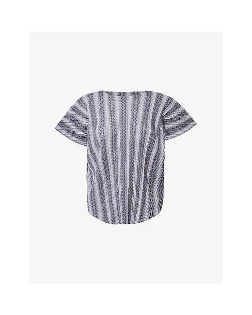 Pleats Please Issey Miyake Blue Zigzag Short-Sleeves Knitted Top