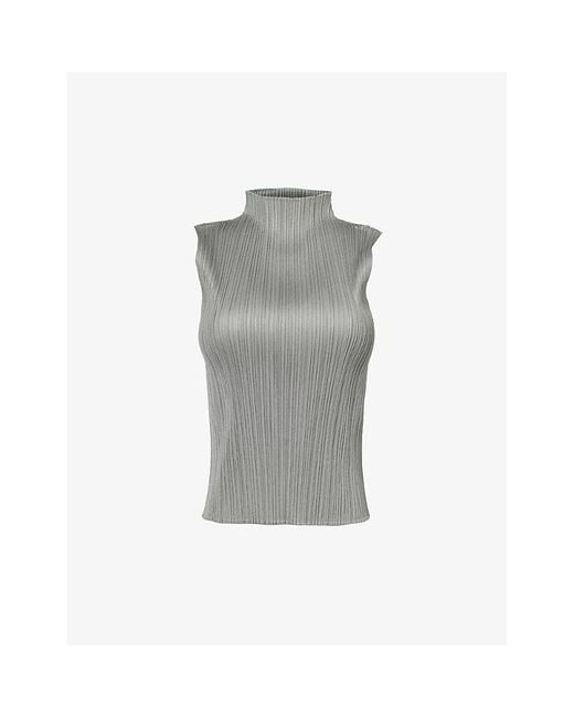 Pleats Please Issey Miyake Gray Basic High-neck Pleated Woven Top