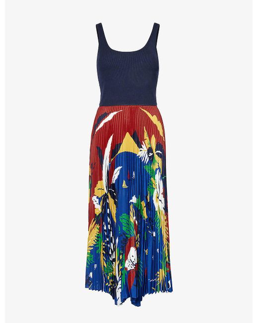 Polo Ralph Lauren Multicolor Contrast Pleated-hem Woven Midi Dress