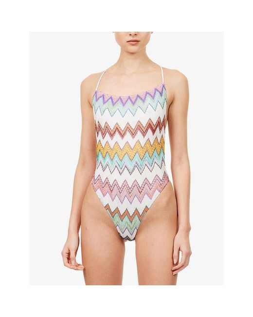 Missoni White Chevron Metallic Square-Neck Raschel-Knit Swimsuit
