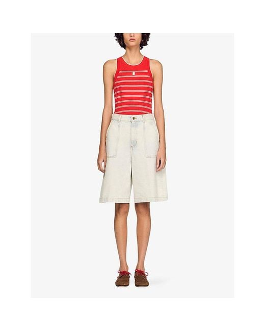 Sandro White Straight-Leg Faded-Wash Denim Bermuda Shorts