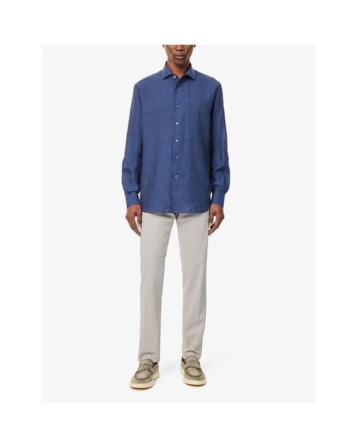 Corneliani Blue Curved-hem Cutaway-collar Classic-fit Linen Shirt for men