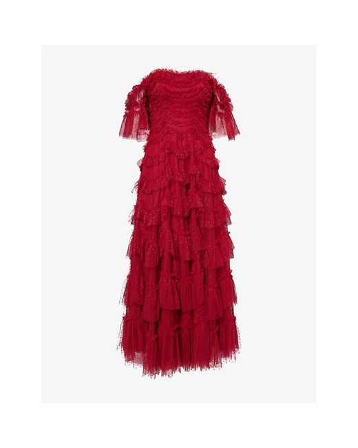 Needle & Thread Red Aviana Off-Shoulder Woven Gown