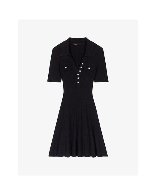Maje Black Open-collar Short-sleeve Stretch-knit Mini Dress