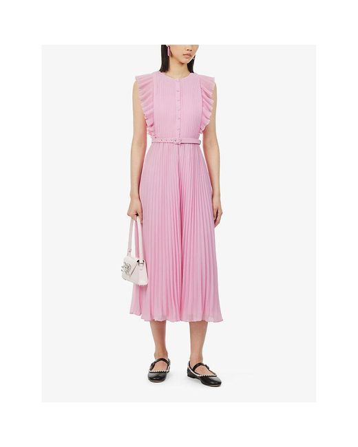 Self-Portrait Pink Ruffle-trim Belted Woven Midi Dress