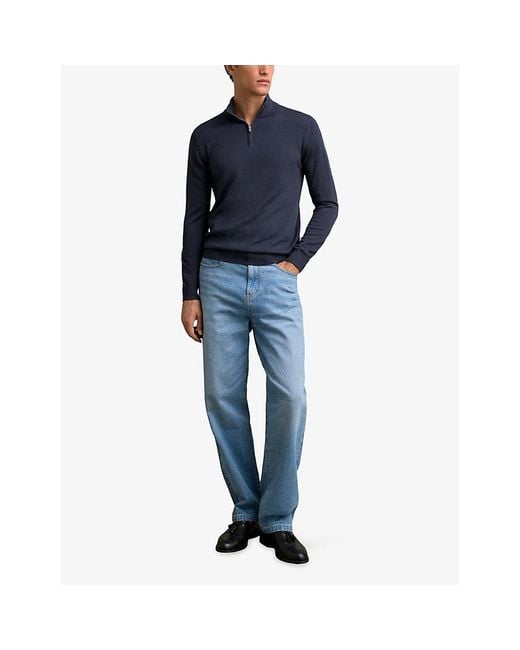 Reiss Blue Blackhall Half-Zip Long-Sleeve Merino-Wool Jumper for men