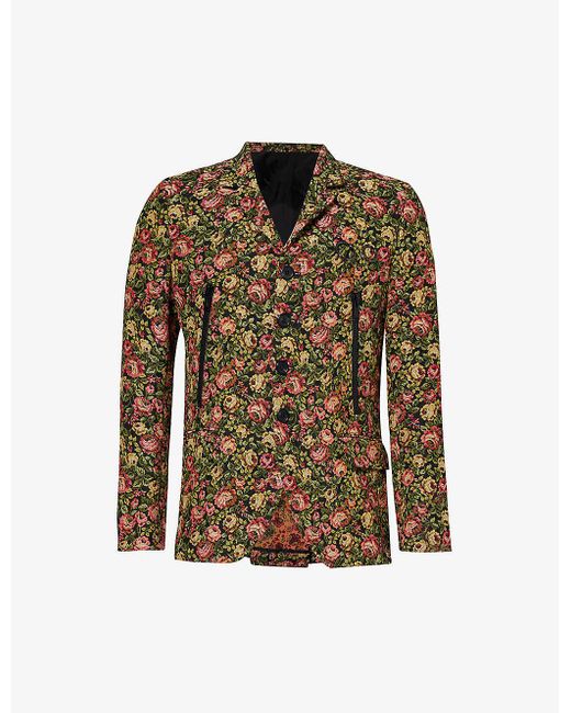 Undercover Brown Floral-pattern Jacquard-texture Woven-blend Blazer for men