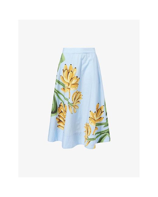 Farm Rio Blue Banana Striped Cotton-Poplin Midi Skirt