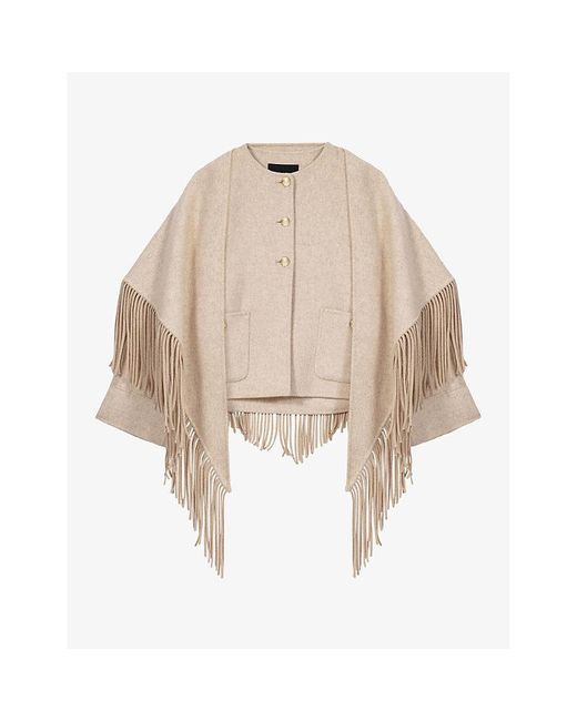 Maje Natural Fringed Cropped Wool-Blend Coat