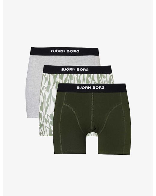 Björn Borg Green Logo-waistband Pack Of Three Organic Stretch-cotton Boxers for men