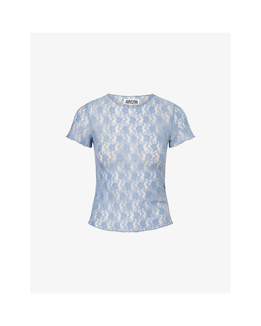 Amy Lynn Blue Orla Round-Neck Floral-Lace Woven T-Shirt