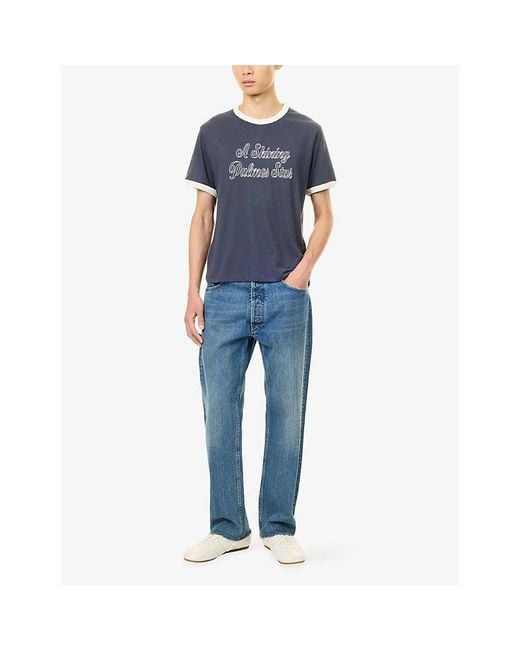 Palmes Blue Slogan-Embroidered Cotton-Blend T-Shirt for men