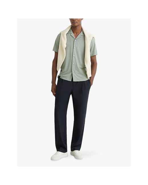 Reiss Green Frederick Cuban-Collar Jacquard Stretch-Woven Shirt for men