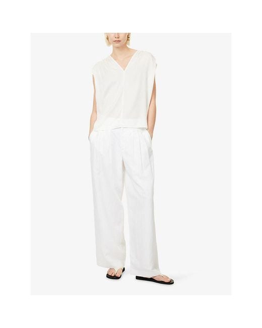 Vince White Gathered V-Neck Silk Top