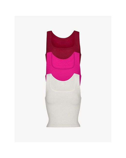 Skims Pink Ribbed Stretch-cotton Tank Top Pack Of Three