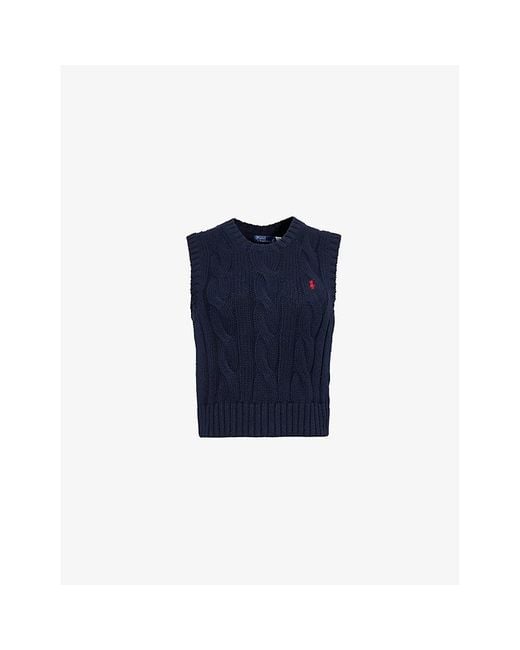 Polo Ralph Lauren Blue Cable-Knit Logo-Embroidery Cotton Knitted Vest