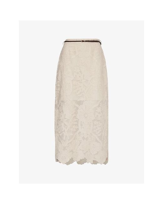 Zimmermann Natural Ottie Floral-embroidered Linen Midi Skirt