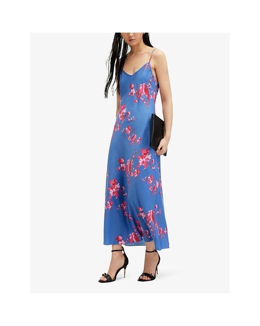 AllSaints Blue Bryony Iona Graphic-print Recycled-polyester Maxi Slip Dress
