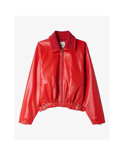 Sandro Red Elasticated-Hem Leather Jacket