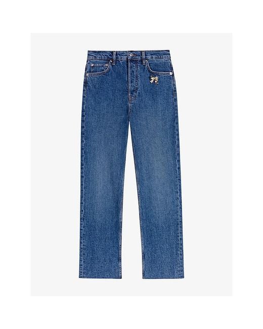 Maje Blue Brooch-Embellished Slim-Fit Stretch-Denim Jeans