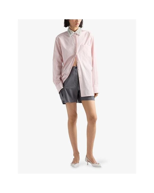Prada Pink Embroidered-Collar Triangle-Patch Cotton Poplin Shirt