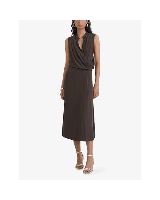 Reiss Brown Gracie Asymmetric-Drape Woven Midi Dress