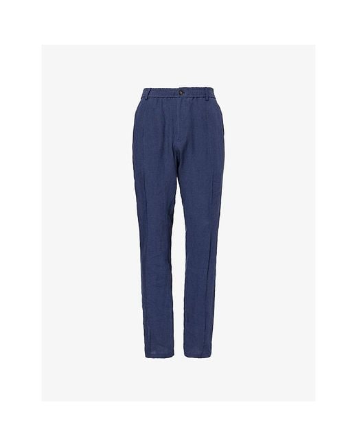 Emporio Armani Blue Straight-Leg Mid-Rise Linen Trousers for men