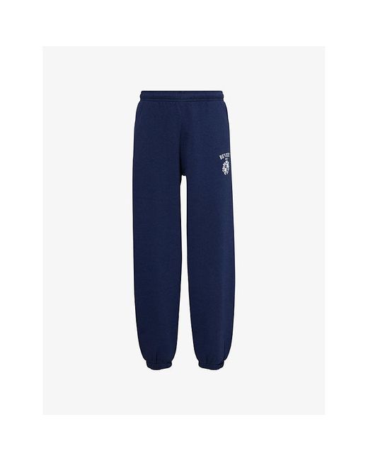 Sporty & Rich Blue Bh Crest Soft Elasticated-Cuffs Cotton-Blend Jogging Bottoms