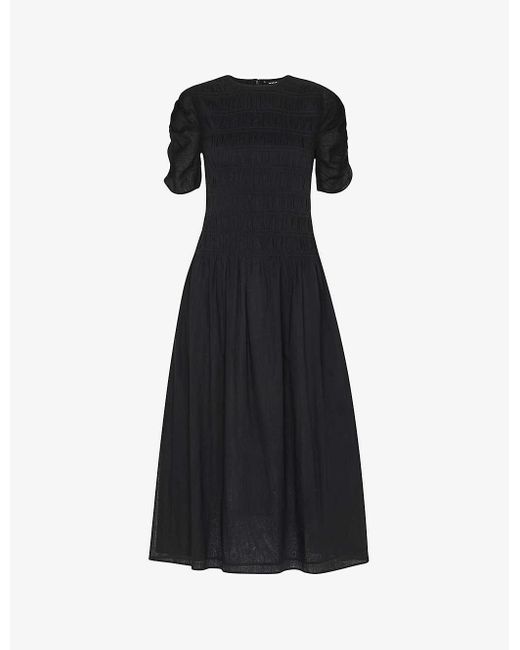 Whistles Black Avery Ruched-sleeve Smocked Cotton Midi Dress