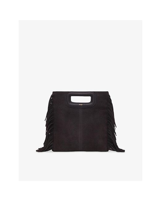 Maje Black M Fringed-Trim Suede Shoulder Bag