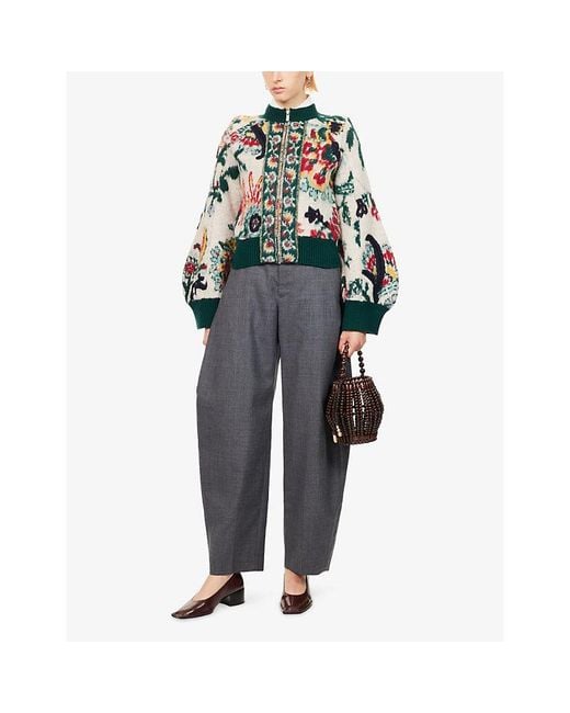 Sacai Green Floral-Pattern Jacquard Knitted Wool Blouson Jacket