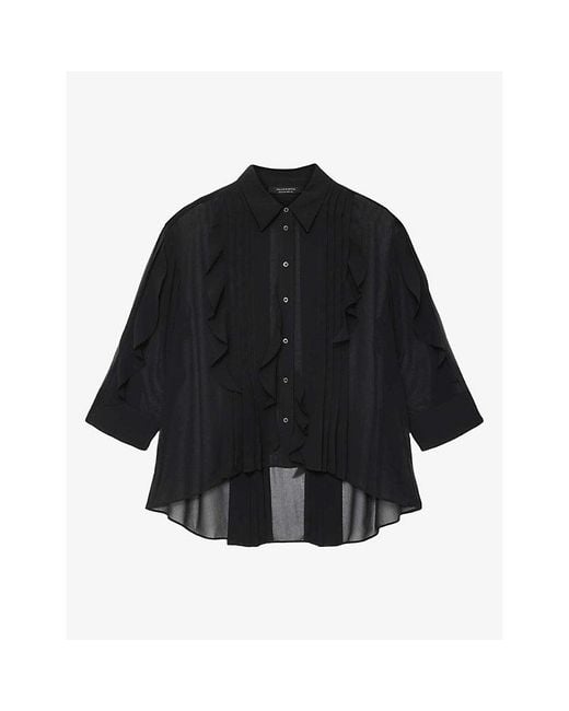 AllSaints Black Minna Pointed-Collar Woven Shirt