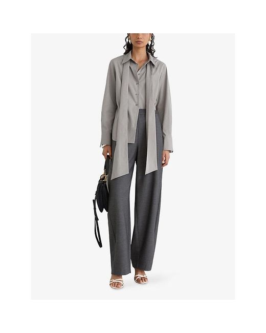 Reiss Gray Elowen Striped Tie-Neck Cotton Shirt