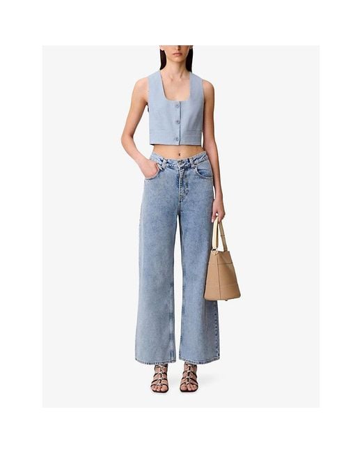 Claudie Pierlot Blue Square-Neck Cropped Linen-Blend Top