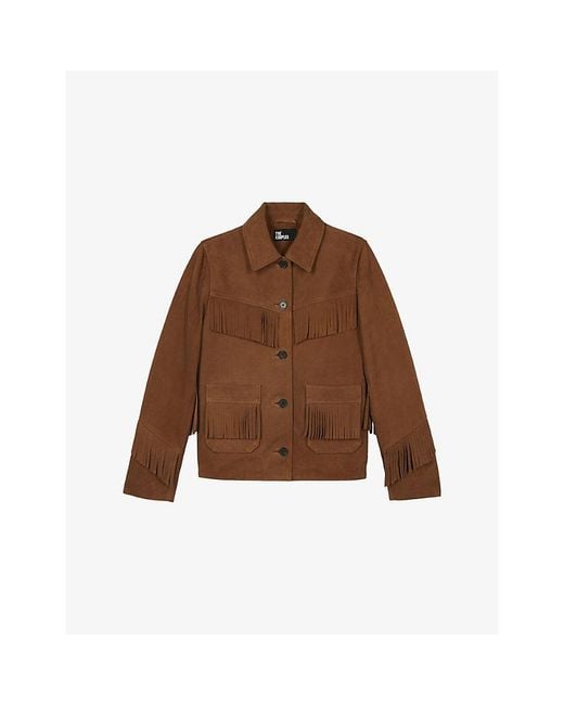The Kooples Brown Fringed Button-Down Suede Jacket