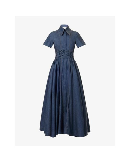 Mona Alshebil Blue Gathered-Waist Belted Maxi Dress