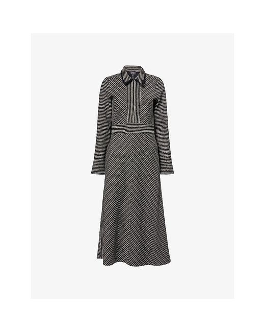 ME+EM Gray Striped-Tweed Long-Sleeves Knitted Midi Dress