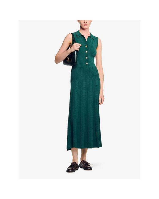Sandro Polo-Collar Button-Down Stretch-Knit Midi Dress in Green | Lyst UK Sandro Polo-Collar Button-Down Stretch-Knit Midi Dress in Green | Lyst UK