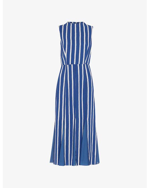 Whistles Blue Crinkle Stripe-print Sleeveless Woven Midi Dress
