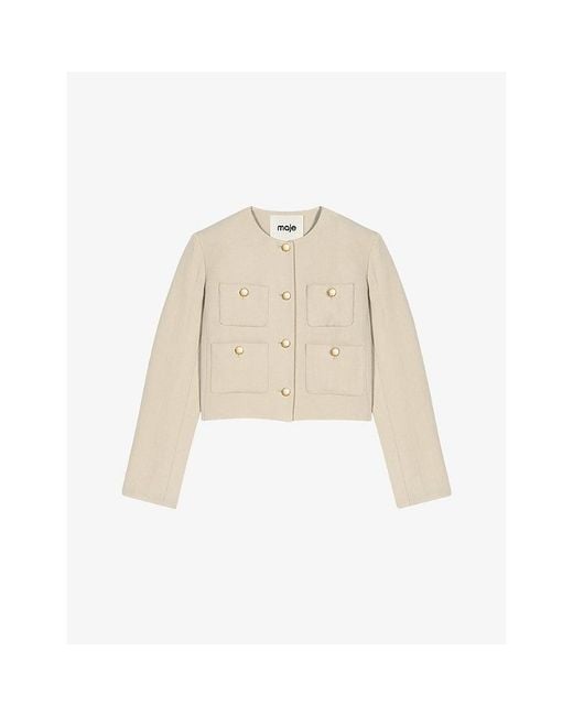 Maje Natural Patch-Pocket Cropped Woven Jacket
