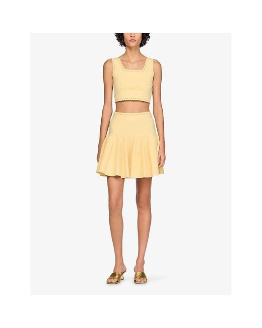 Sandro Yellow Square-Neck Cropped Knitted Top