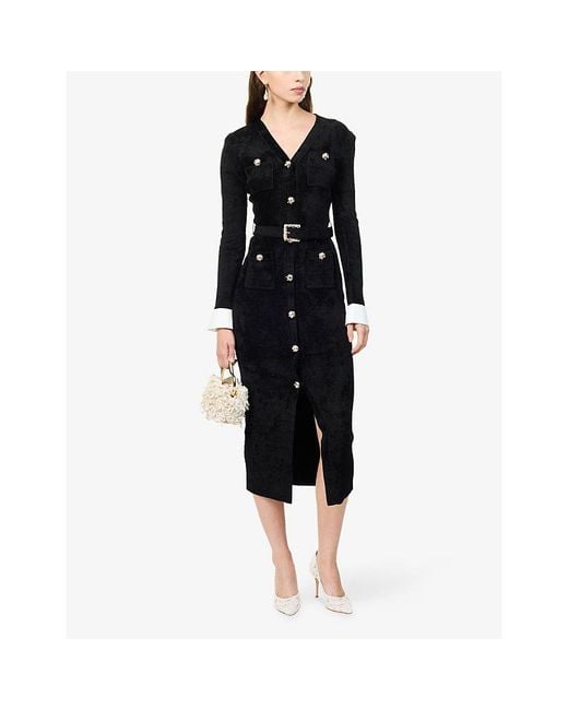 Self-Portrait Black V-Neck Belted Chenille Midi Dress