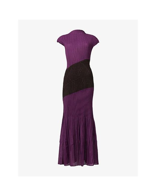 eem Purple Contrast-Panel Pleated Woven Maxi Dress