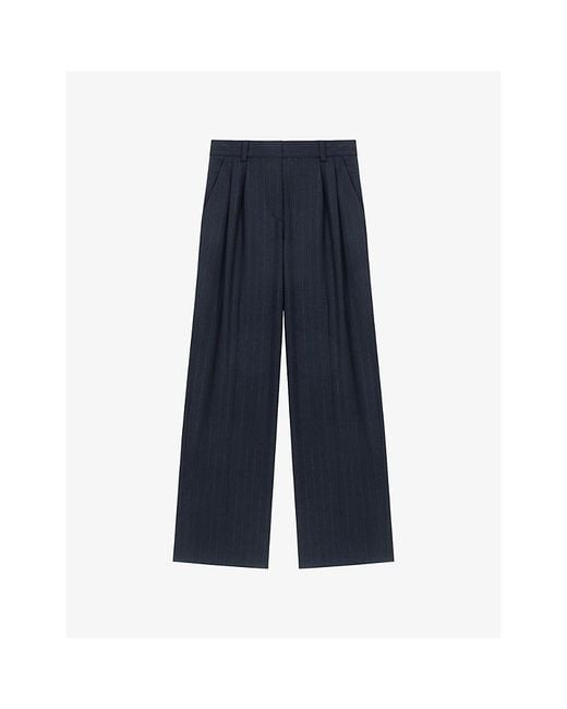Maje Blue Pinstriped Wide-Leg Wool-Blend Trousers