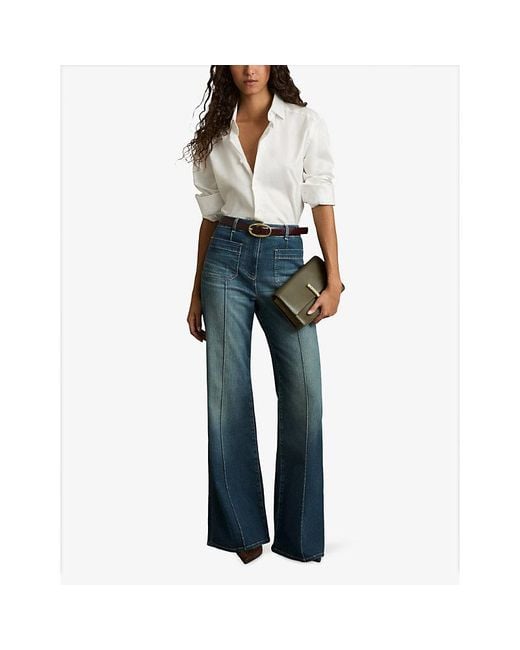 Reiss Blue Sakura Flared-Leg High-Rise Cotton-Blend Jeans
